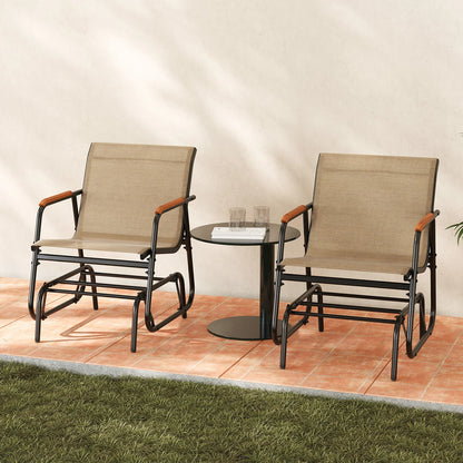 Patio Glider Chair Set of 2 w/ Curved Teak Armrests & Breathable Fabric Seat