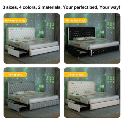 Queen LED Bed Frame with Galaxy Projector, Bluetooth Speaker, USB Ports, 4 Drawers, No Box Spring Needed