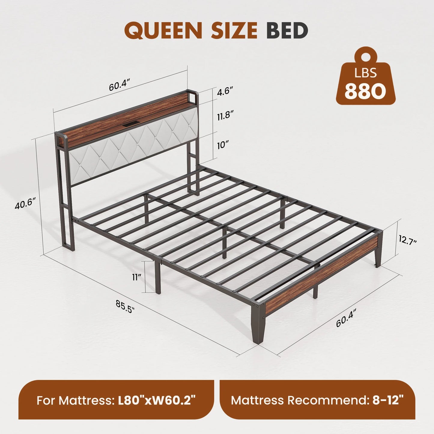 King Size Soft Pack Heavy Duty Metal Bed Frame with Headboard Charging Station 1100lbs Capacity Easy Assembly For Bedroom