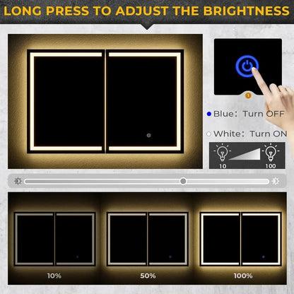 Lighted Medicine Cabinet with Mirror, Wall Mounted Bathroom Mirror with Storage, 2 Doors Bathroom Wall Cabinet with LED Lights