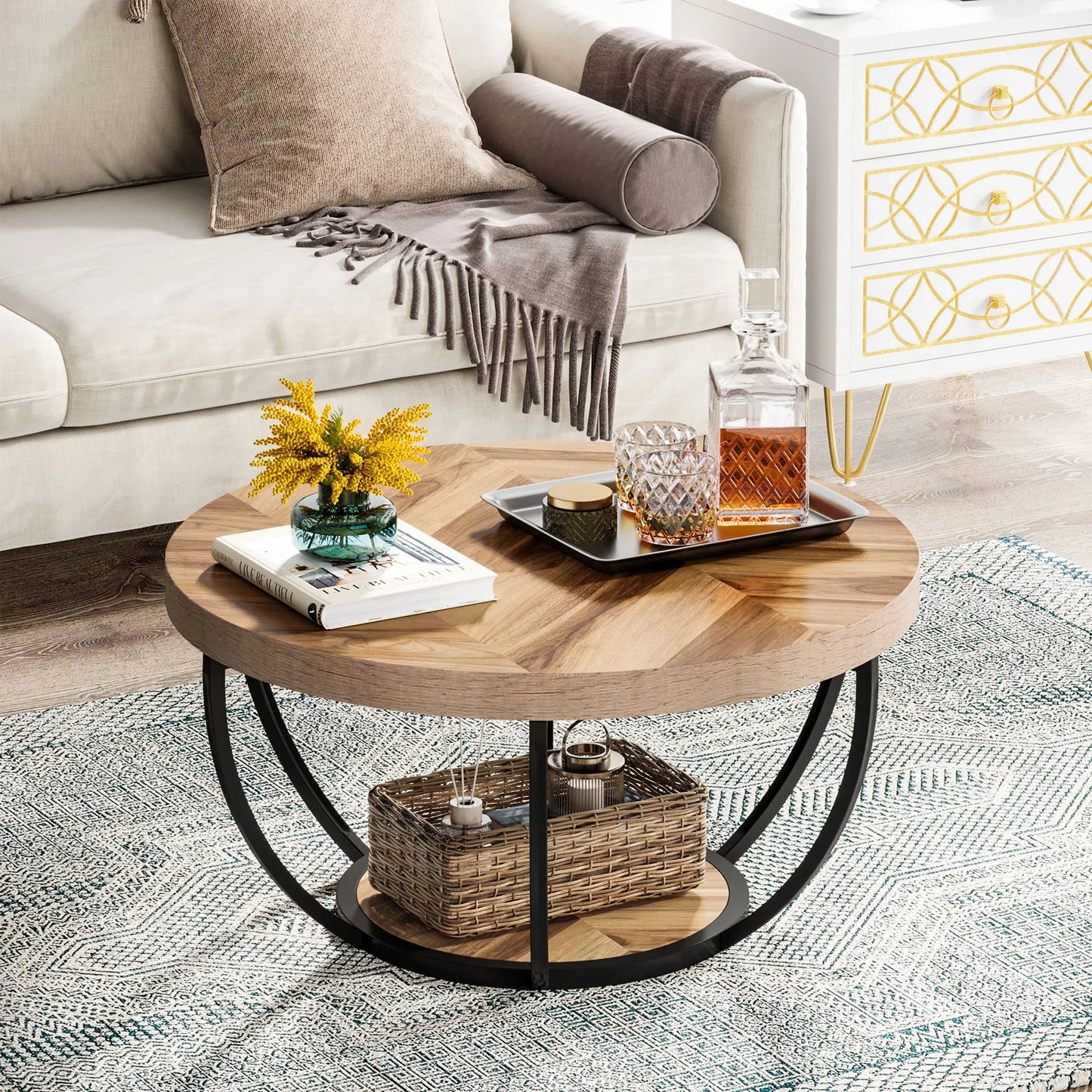 Tribesigns 31.7" Round Coffee Table, Industrial 2-Tier Circle Coffee Table with Storage Shelves, Modern