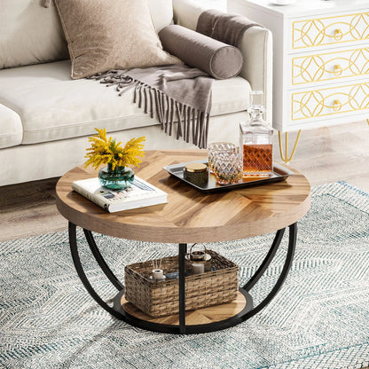 Tribesigns 31.7" Round Coffee Table, Industrial 2-Tier Circle Coffee Table with Storage Shelves, Modern