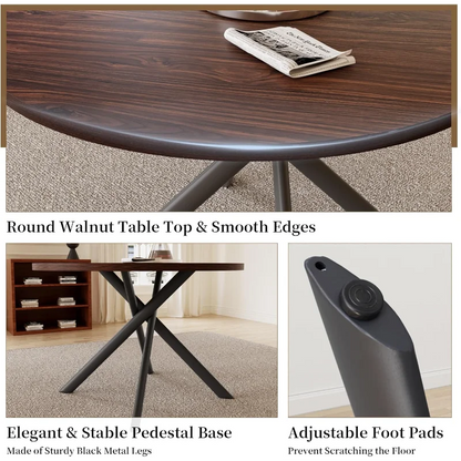 45.3 Inch Modern Round Dining Table for 4, Space-Saving Dinette with Carbon Steel Legs for Apartment(Walnut Table)