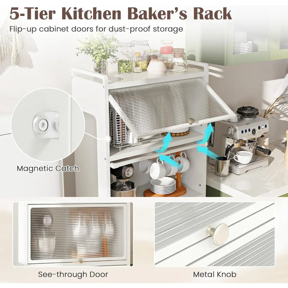 5-Tier Mobile Kitchen Storage Cabinet, Flip Door Cabinets, Bread Rack, Coffee Stand, Bakers Rack with 4 Lockable Casters for Di