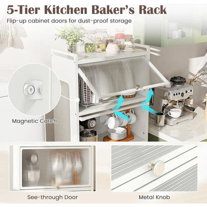 5-Tier Mobile Kitchen Storage Cabinet, Flip Door Cabinets, Bread Rack, Coffee Stand, Bakers Rack with 4 Lockable Casters for Di