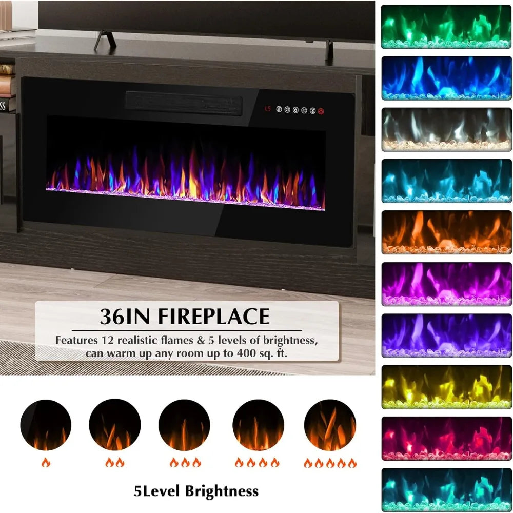 Fireplace tv Stand with 36 inch Fireplace Up to 80" TVs,LED Light Entertainment Center and Storage, 70" Modern Wood Media TV