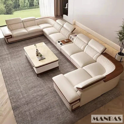 Premium Italian Genuine Leather Sofa Set for Living Room with Adjustable Headrests, Bluetooth Speaker, Wireless Charge