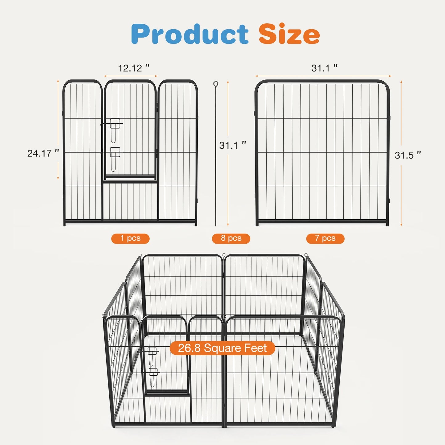 JHK 8 Panel Dog Playpen Indoor Pet Fence Exercise for Yard Gate Heavy Duty Crates with Doors Metal Dog Pen