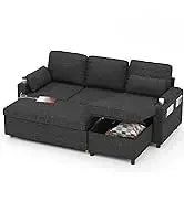 Sleeper Sofa Pullout Bed for Living Room.L Shaped Couch with Storage Chaise.USB.Cup Holder (Dark G