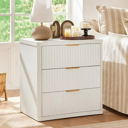 23" wide fluted night stand with charging station,3 drawers large end table with storage,white nightstand