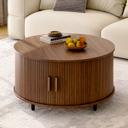 31.5" Modern Round Coffee Table with Storage with 360° Curved Sliding Door ,Fluted Wood Accent