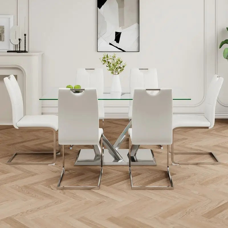 Elegant Glass Dining Table Set with Stainless Steel Base & 6 White Chairs - Modern Transparent Design for Dining Room