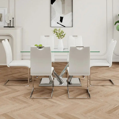 Elegant Glass Dining Table Set with Stainless Steel Base & 6 White Chairs - Modern Transparent Design for Dining Room