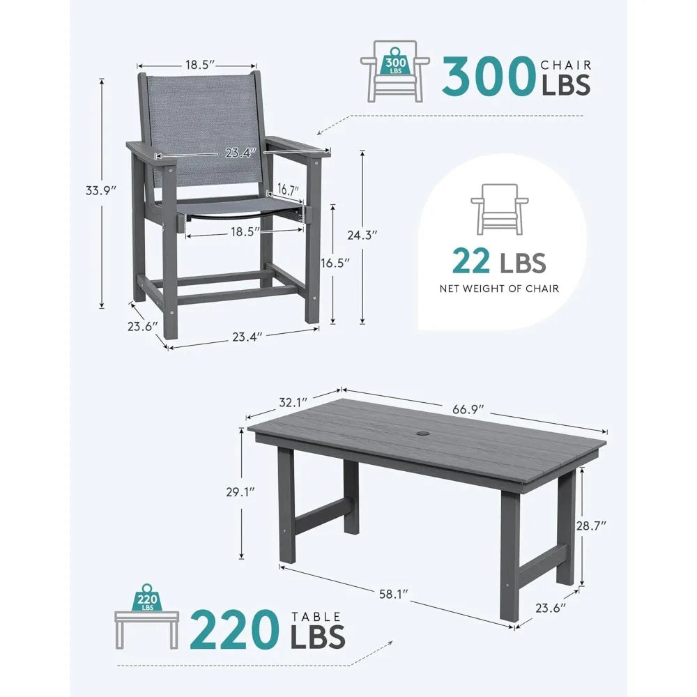 7 Piece Outdoor Dining Table Sets for 6 with 1 Umbrella Hole Cut-Out Rectangular Table and 6 Textilene Chairs, HDPE Dining Tabl