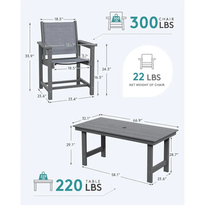 7 Piece Outdoor Dining Table Sets for 6 with 1 Umbrella Hole Cut-Out Rectangular Table and 6 Textilene Chairs, HDPE Dining Tabl
