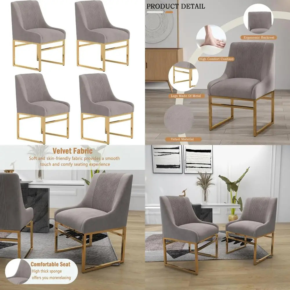 Pair of Mid-Century Modern Upholstered Dining Chairs with Polished Gold Metal Legs