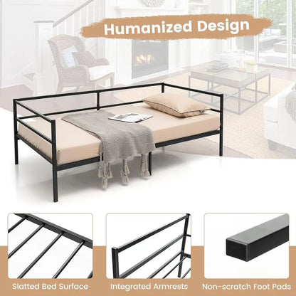 Metal Twin Daybed e, Day Bed with Metal Slat Support & 3-Sided Guardrails, 2-in-1 Space-Saving Soa Bed or Living Room Gt Room, N