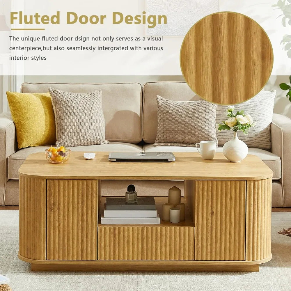 Modern Oval Coffee Table with Storage for Living Room, Fluted Design, 2 Drawers, Open Shelf, and 2 Compartments