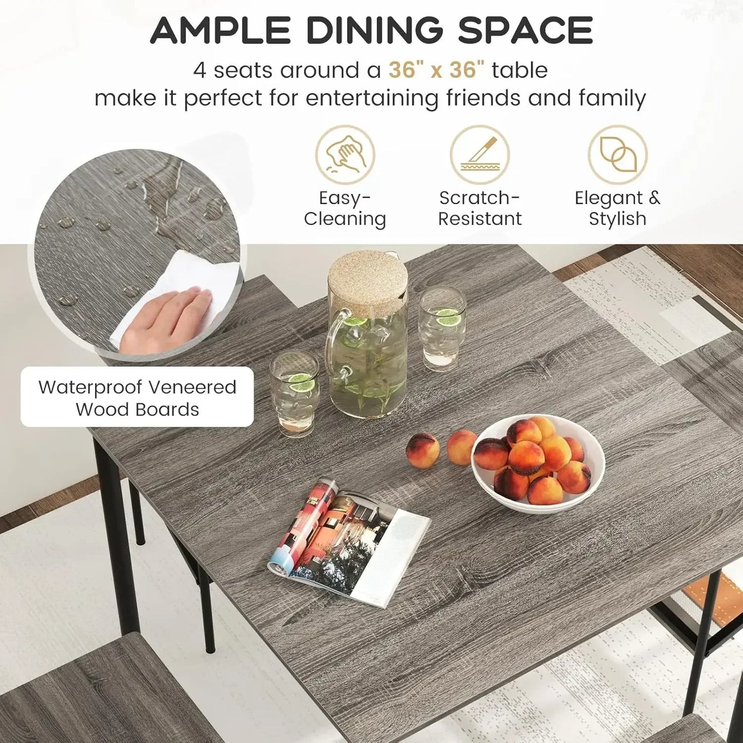 5-Piece Dining Table Set W/Counter Height Table & 4 Bar Stools, Modern Kitchen Dining Set W/Footrest & Backrest, Space-Saving