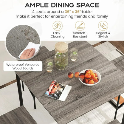 5-Piece Dining Table Set W/Counter Height Table & 4 Bar Stools, Modern Kitchen Dining Set W/Footrest & Backrest, Space-Saving