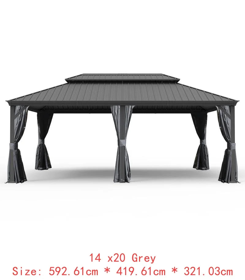 14x24 Hardtop Gazebo, Upgraded Metal Canopy with Drainage, Dual-Layer Galvanized Steel Roof, Includes Curtains & Netting,