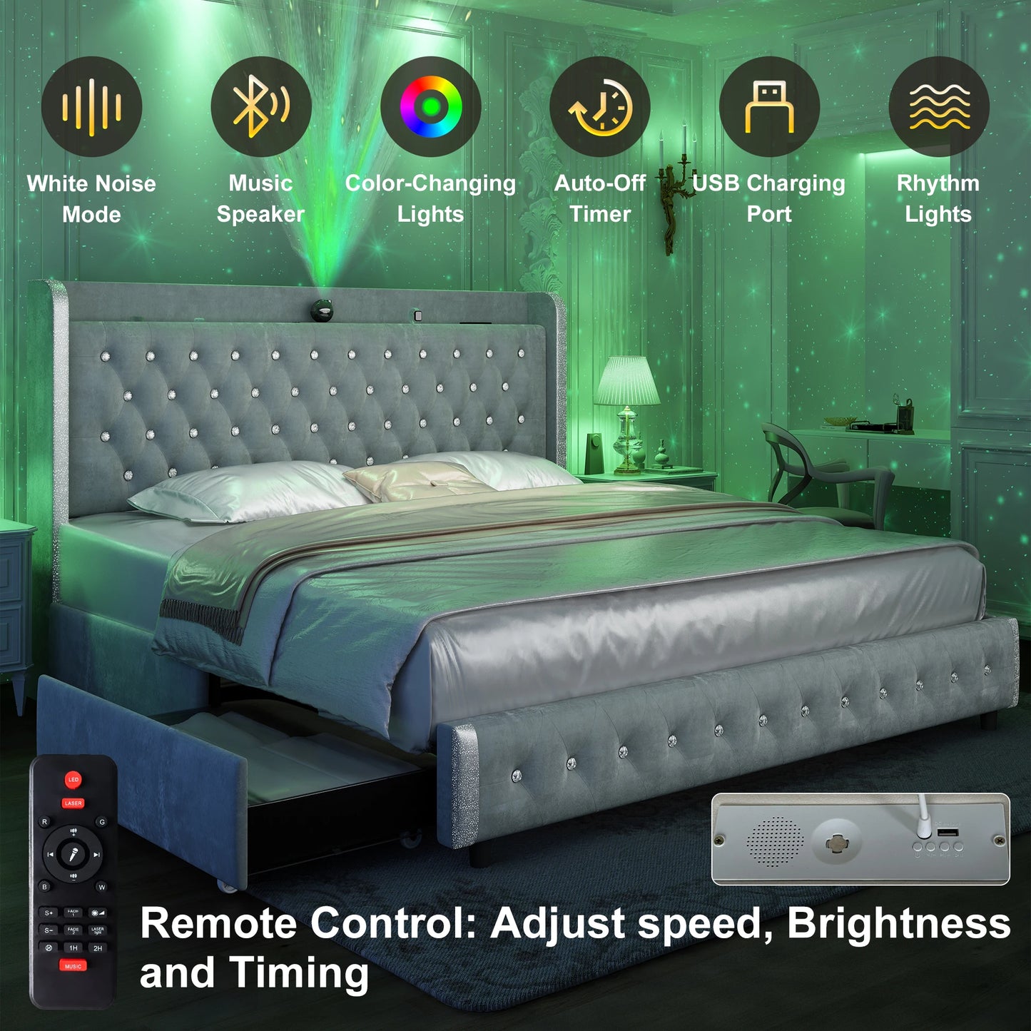 Queen LED Bed Frame with Galaxy Projector, Bluetooth Speaker, USB Ports, 4 Drawers, No Box Spring Needed