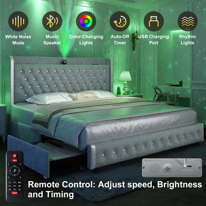 Queen LED Bed Frame with Galaxy Projector, Bluetooth Speaker, USB Ports, 4 Drawers, No Box Spring Needed