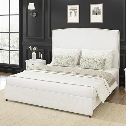 Full Size Upholstered Platform Bed Frame with 56" Headboard, Soft Boucle Fabric, Mid-Century Modern Design, No Box Spring Requir