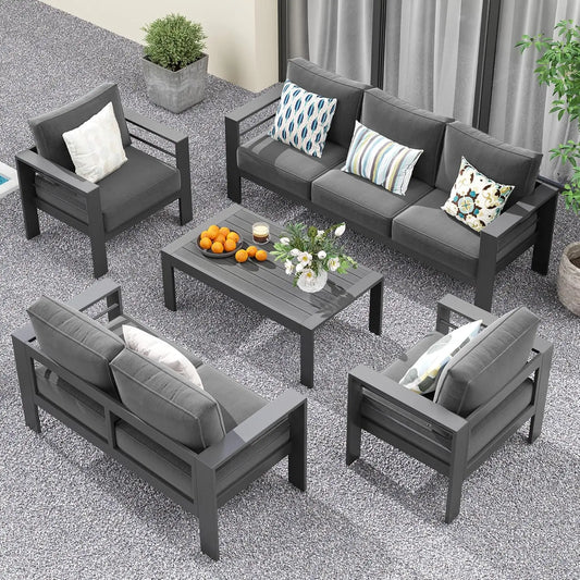 7 Seats Patio Furniture Set,  Metal Sectional Sofa with Upgrade Cushion and Coffee Table, Dark Grey