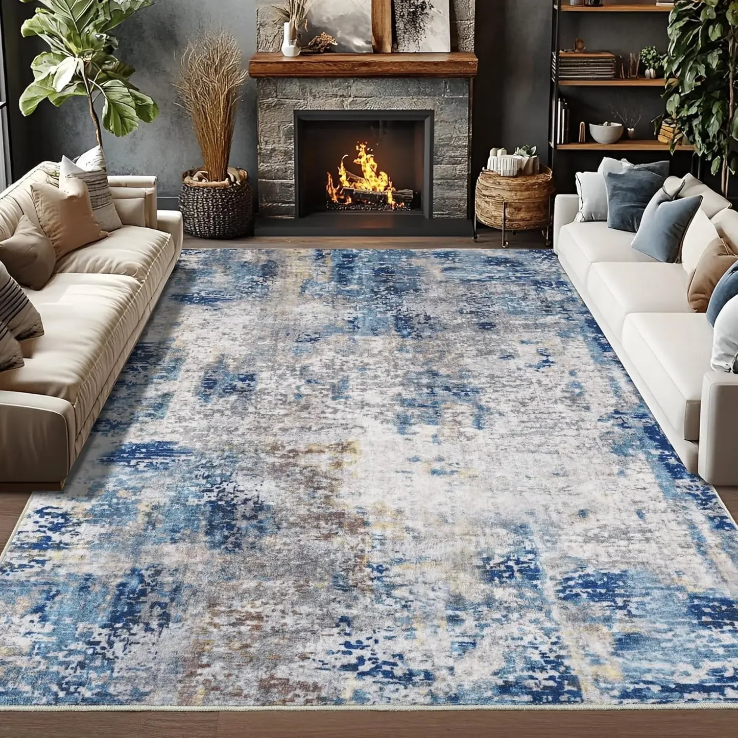 Modern Abstract Washable Area Rugs  Stain Resistant Non Slip Large Blue Soft Indoor Carpet for Home Decor