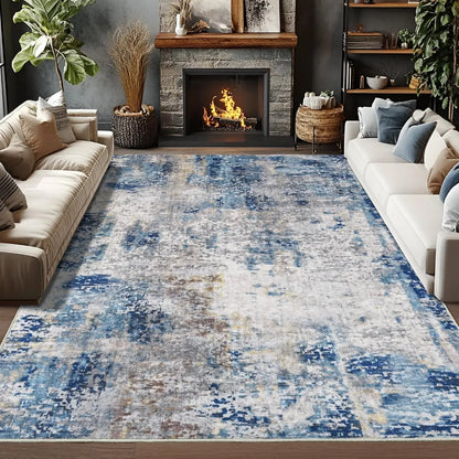 Modern Abstract Washable Area Rugs  Stain Resistant Non Slip Large Blue Soft Indoor Carpet for Home Decor