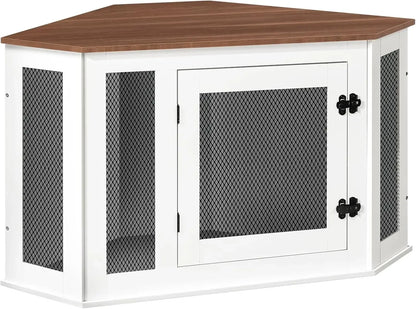 Corner Dog Crate Furniture, Wooden Dogs Kennel End Table, Decorative Pet Crate Indoor Use, Furniture Style Dogs House