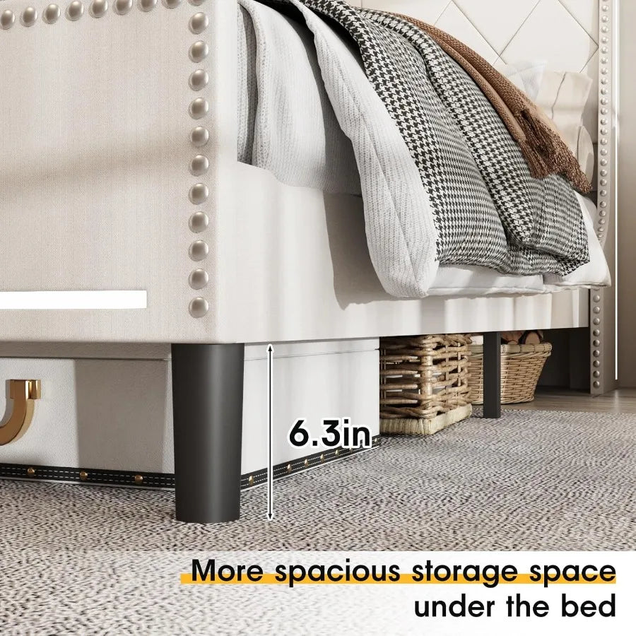 Queen Size Bed Frame with Integrated LED Lights Upholstered Headboard Builtin Charging Station Ample Storage Space Beneath the