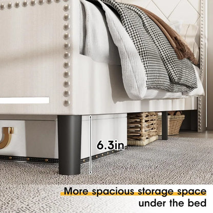 Queen Size Bed Frame with Integrated LED Lights Upholstered Headboard Builtin Charging Station Ample Storage Space Beneath the