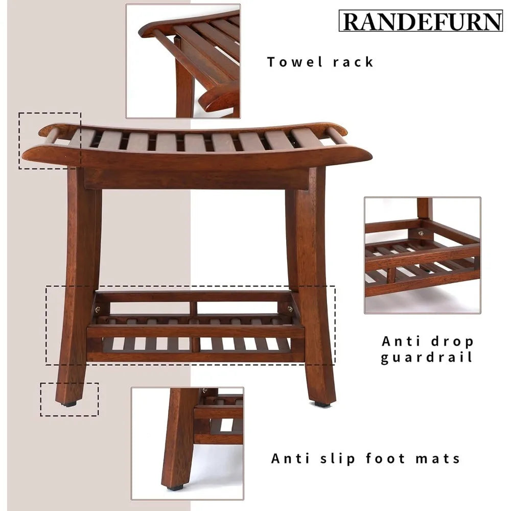 24“ teak shower bench with shelf, teak wood shower stool, waterproof wood shower chair