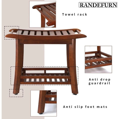 24“ teak shower bench with shelf, teak wood shower stool, waterproof wood shower chair