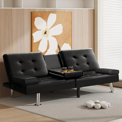 Futon Sofa Bed Modern Faux Leather Couch Bed Convertible Folding Recliner for Living Room with 2 Cup Holders and Armrest