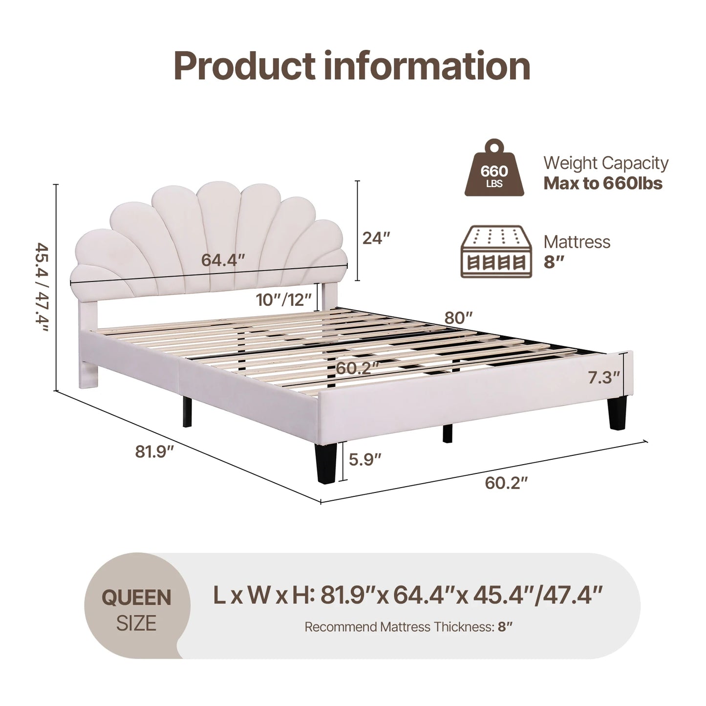 Bed Frame/Velvet Upholstered Platform Bed Frame with Flower Pattern Headboard/Strong Wood Slats Support/Mattress Foundation/No B