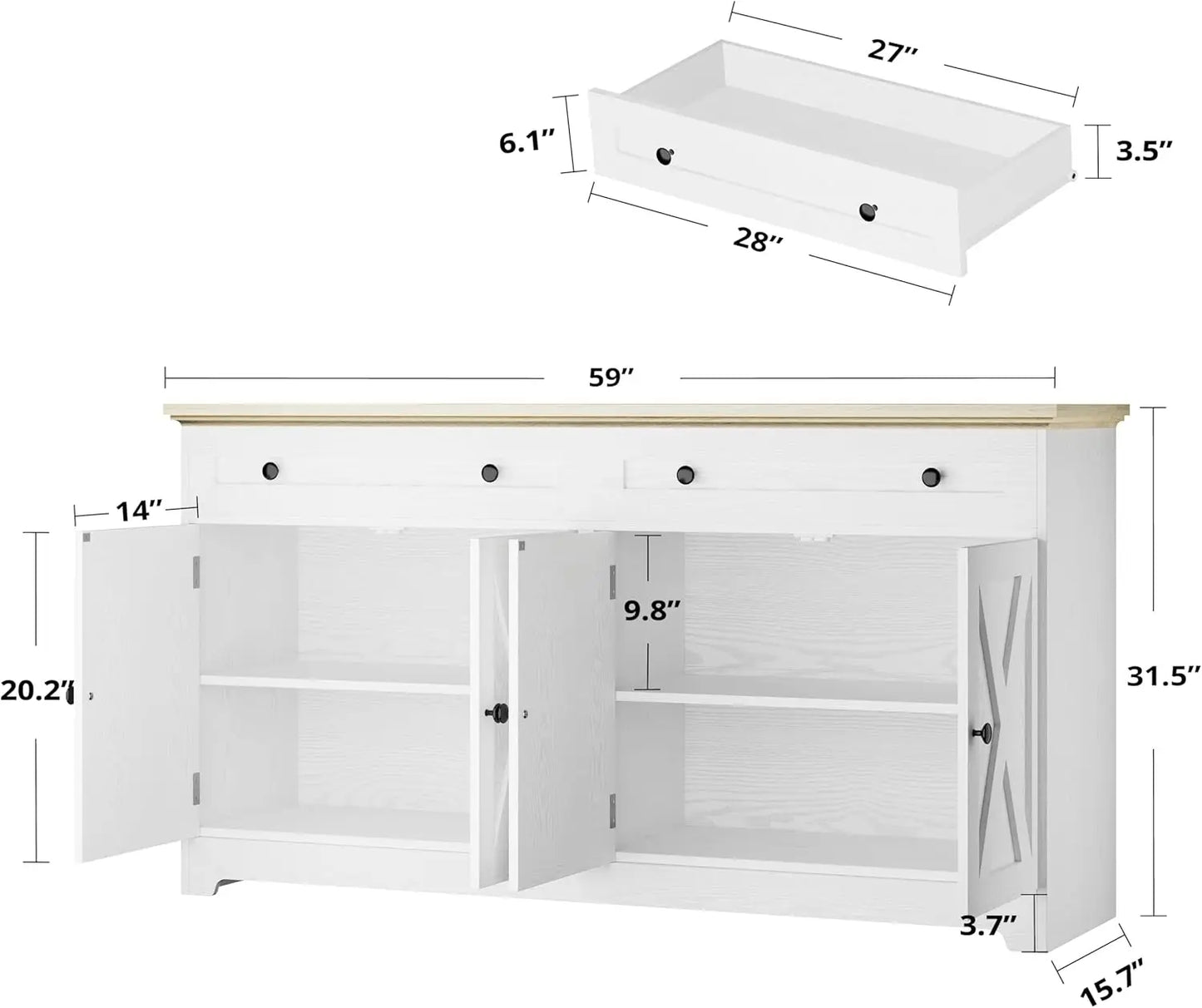 Buffet Cabinet with Storage, Sideboard Storage Cabinet,  Natural Wood, Kitchen Cabinet with Drawers & Doors, White