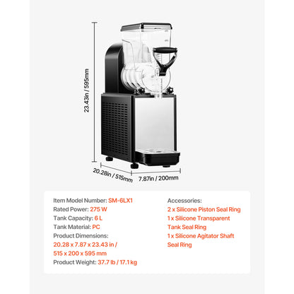 6L/1.6Gal Slushie Machine Commercial Slushy Maker Frozen Drink Maker w/ Self-Cleaning for Restaurants Bars for Slushie
