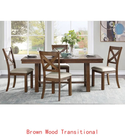 6-Pc Brown Finish Dining Set: Rectangular Table, Bench & Beige Upholstered Side Chairs for Transitional  Dining Room