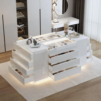 Armoire Island Wardrobe Closet Island with 16 Drawers & Glass Tabletop with Jewelry Organizer