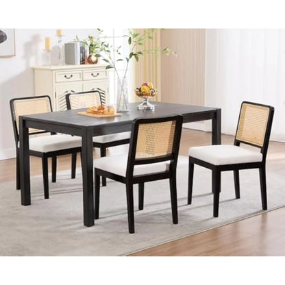 Modern Farmhouse Rattan Dining Chairs Set of 4 Beige Linen Upholstered Dining Room Chairs  Cane Back Mid Century Black Wooden