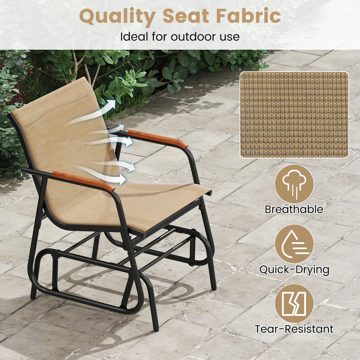 Patio Glider Chair Set of 2 w/ Curved Teak Armrests & Breathable Fabric Seat