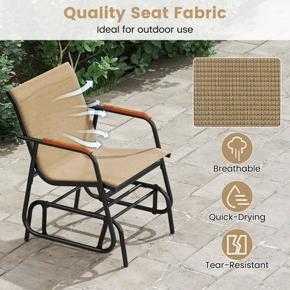 Patio Glider Chair Set of 2 w/ Curved Teak Armrests & Breathable Fabric Seat