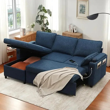 Sleeper Sofa Pullout Bed for Living Room.L Shaped Couch with Storage Chaise.USB.Cup Holder (Dark G