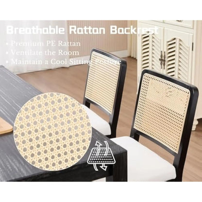 Modern Farmhouse Rattan Dining Chairs Set of 4 Beige Linen Upholstered Dining Room Chairs  Cane Back Mid Century Black Wooden