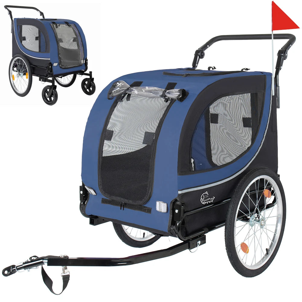 Ye 2-in-1 Bike Trailer & Pet Stroller for Dogs up to 100lbs - Foldable with 2 8" Front Casters, 20" Quick Release Air-Filled Wheels, Breathable Mesh, PVC Rain Cover, Dark Blue