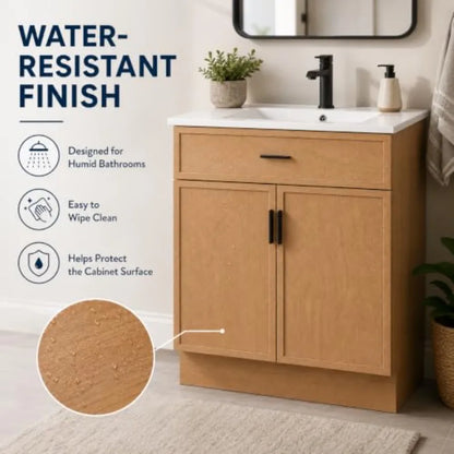 30 Inch Bathroom Vanity with Ceramic Sink and Countertop, Water-Resistant Wood Cabinet with 2 Soft-Closing Doors, White Finish