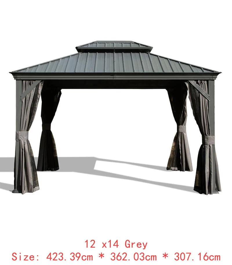 14x24 Hardtop Gazebo, Upgraded Metal Canopy with Drainage, Dual-Layer Galvanized Steel Roof, Includes Curtains & Netting,
